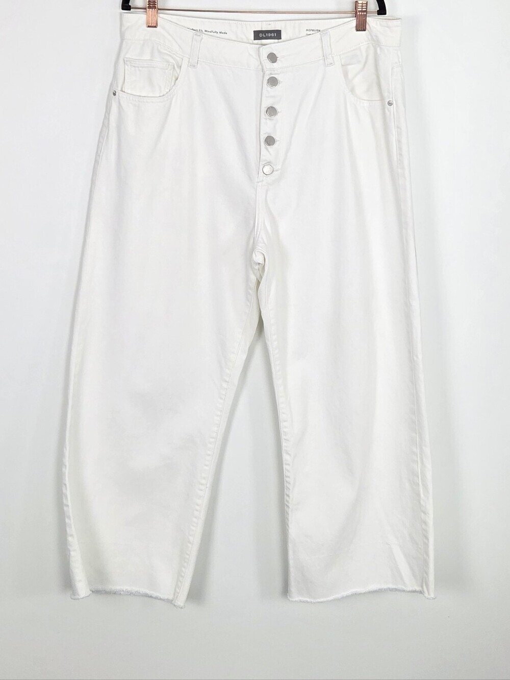 DL1961 Hepburn High-Rise Wide Leg Cotton White Button Fly Raw-Edge Jeans Size 34